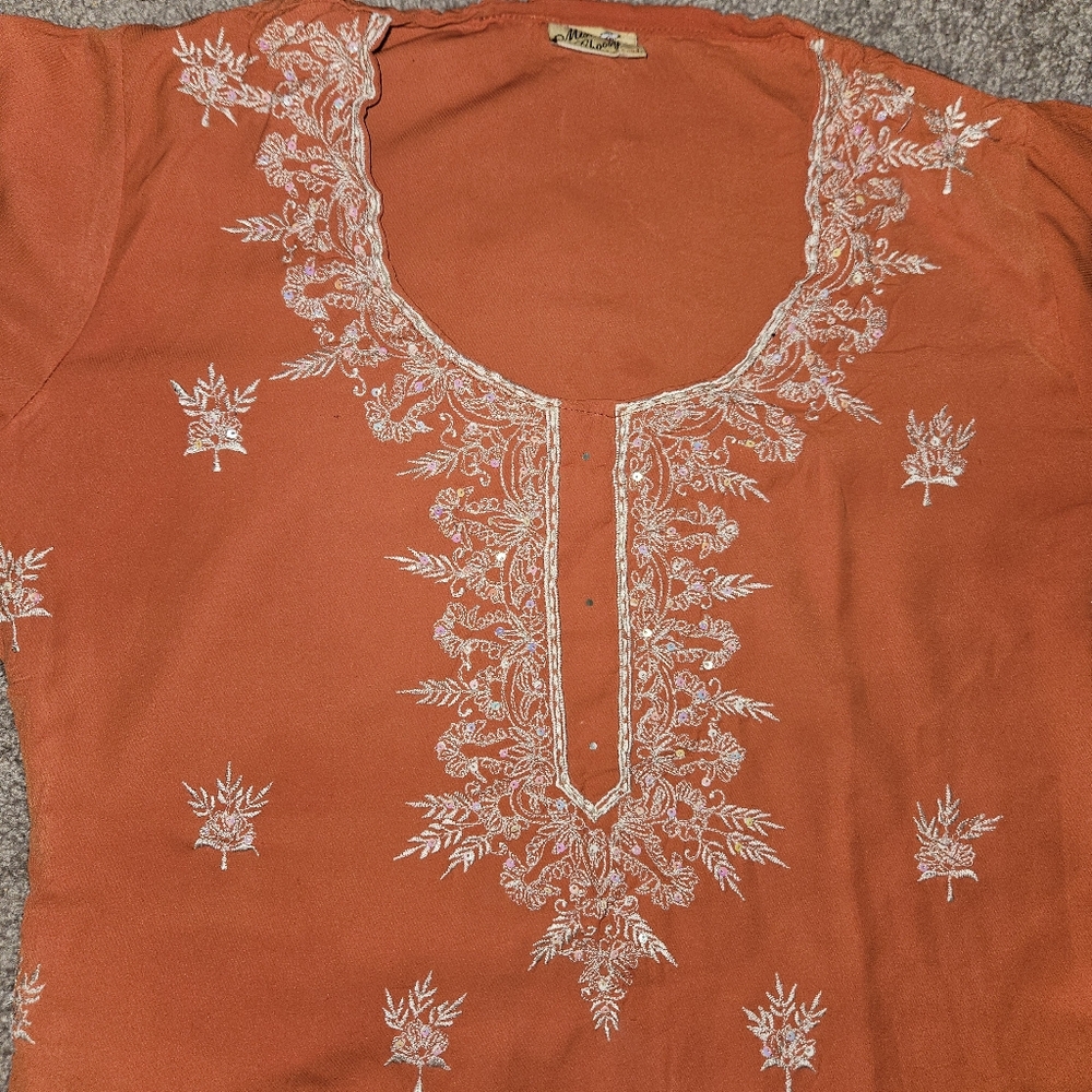 Vintage Y2K Miss Choosy Boho Embroidered Sequin Orange Tunic Long Sleeve Top - Picture 2 of 6